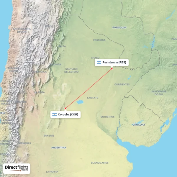 Resistencia - Cordoba direct flight map