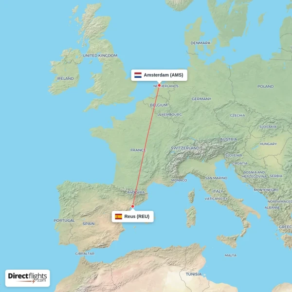 Reus - Amsterdam direct flight map
