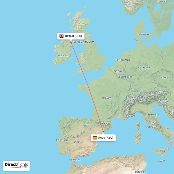 Reus - Belfast direct flight map