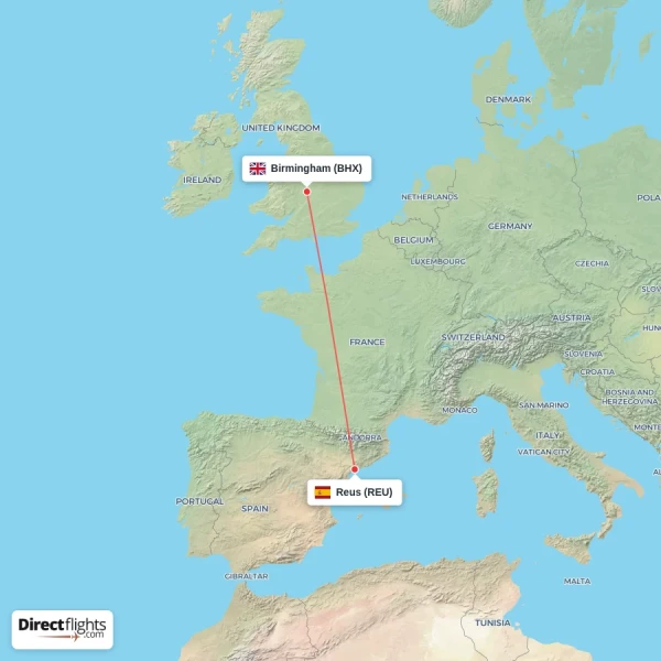 Reus - Birmingham direct flight map