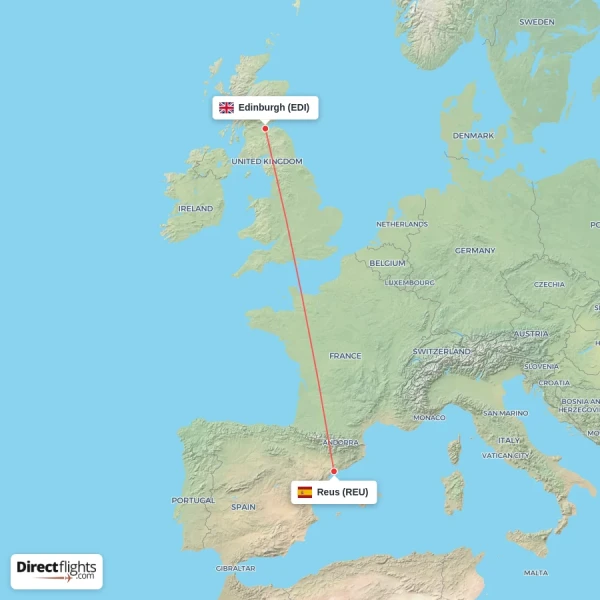 Reus - Edinburgh direct flight map