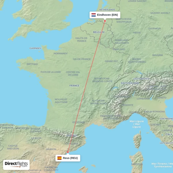 Reus - Eindhoven direct flight map