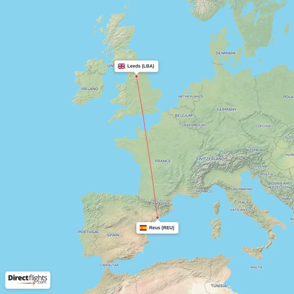 Reus - Leeds direct flight map