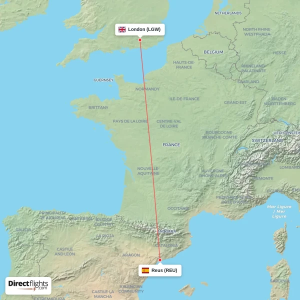 Reus - London direct flight map