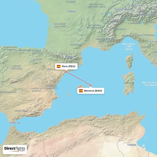 Reus - Menorca direct flight map