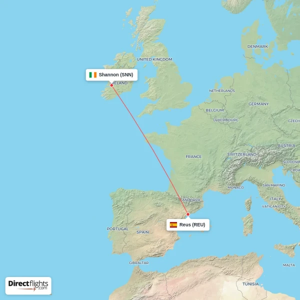 Reus - Shannon direct flight map