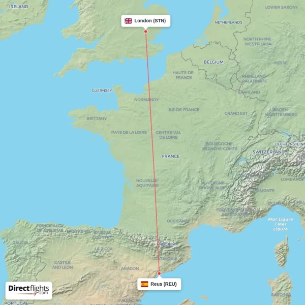 Reus - London direct flight map