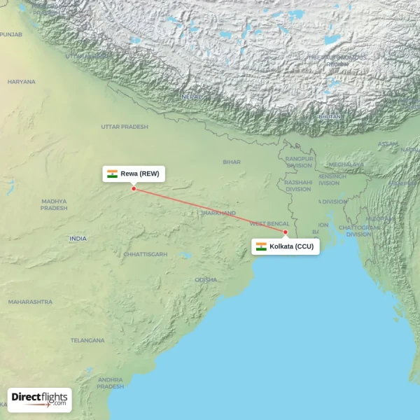 Rewa - Kolkata direct flight map