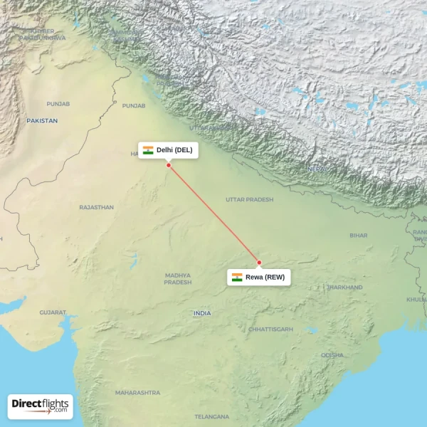Rewa - Delhi direct flight map