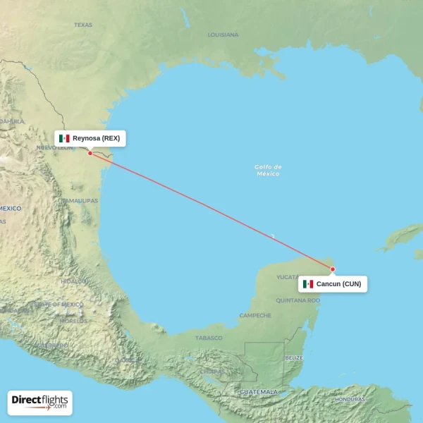 Reynosa - Cancun direct flight map