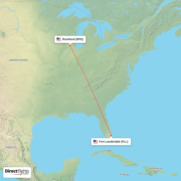 Rockford - Fort Lauderdale direct flight map