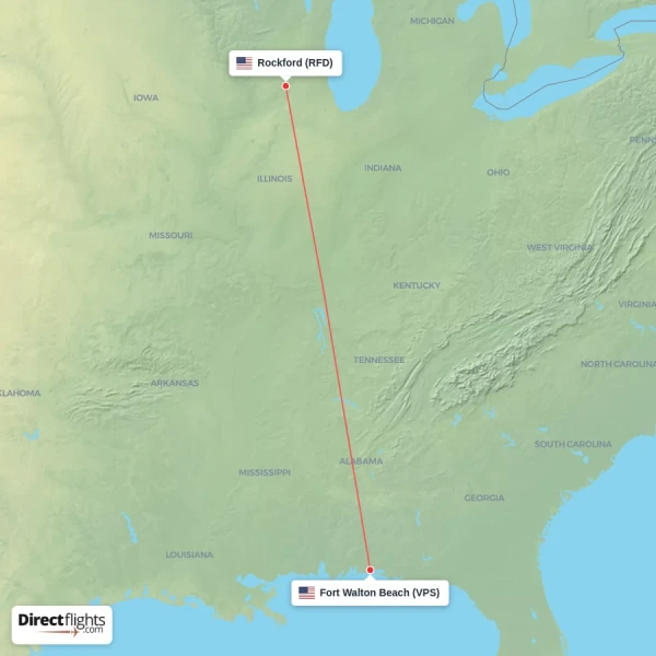 Rockford - Fort Walton Beach direct flight map