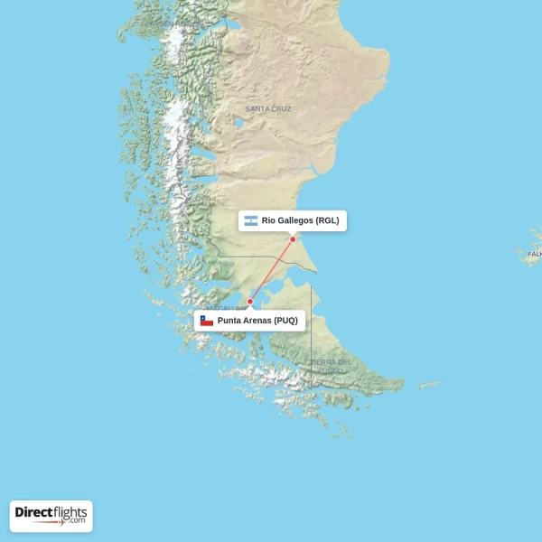 Rio Gallegos - Punta Arenas direct flight map