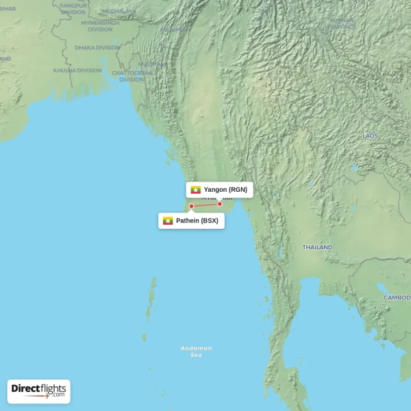 Yangon - Pathein direct flight map