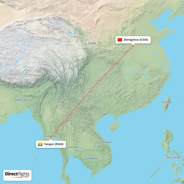 Yangon - Zhengzhou direct flight map
