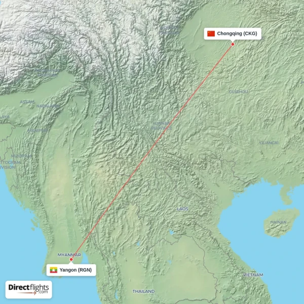 Yangon - Chongqing direct flight map