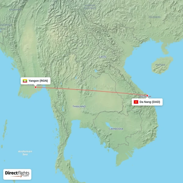Yangon - Da Nang direct flight map