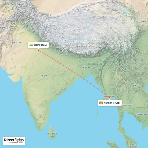 Yangon - Delhi direct flight map