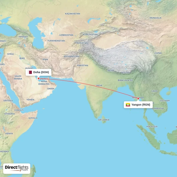 Yangon - Doha direct flight map
