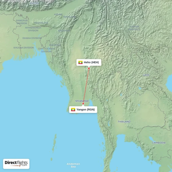 Yangon - Heho direct flight map