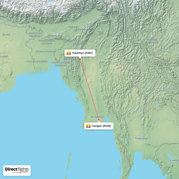 Yangon - Kalemyo direct flight map