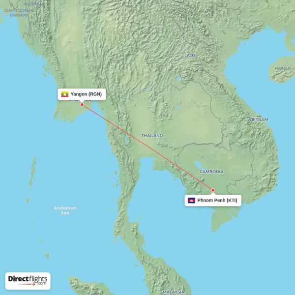 Yangon - Phnom Penh direct flight map