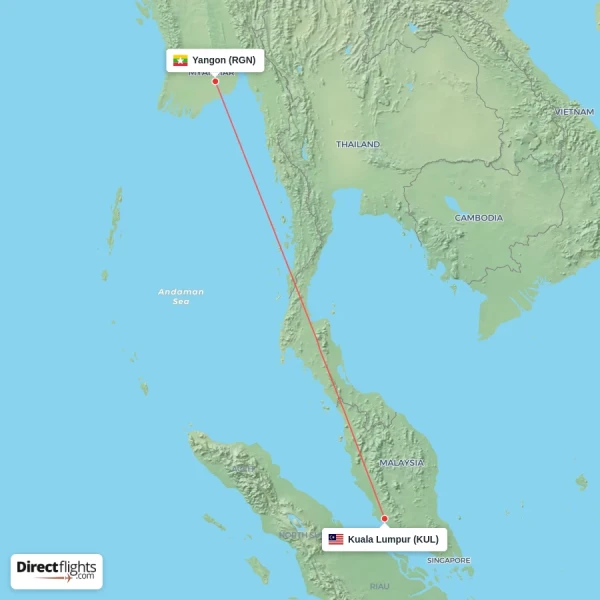 Yangon - Kuala Lumpur direct flight map