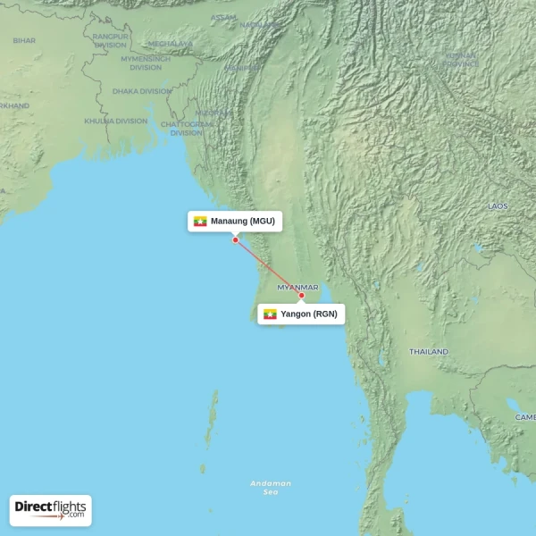 Yangon - Manaung direct flight map