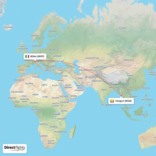 Yangon - Milan direct flight map
