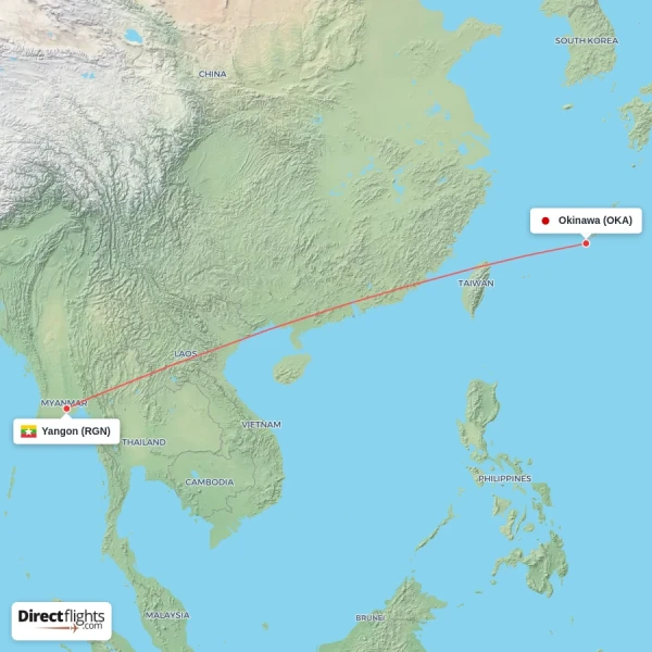 Yangon - Okinawa direct flight map