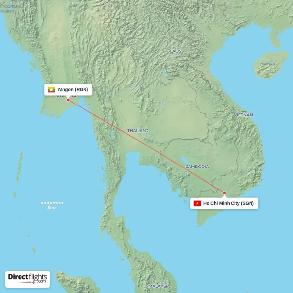 Yangon - Ho Chi Minh City direct flight map