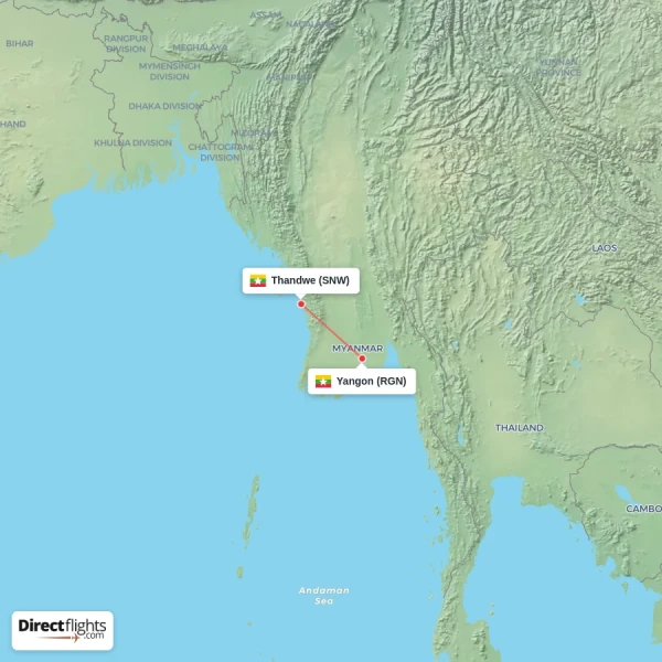 Yangon - Thandwe direct flight map