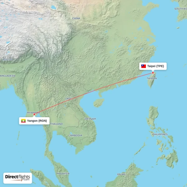 Yangon - Taipei direct flight map