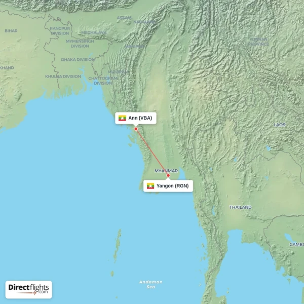Yangon - Ann direct flight map