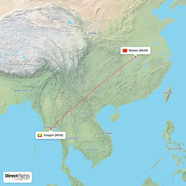Yangon - Wuhan direct flight map