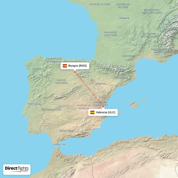 Burgos - Valencia direct flight map