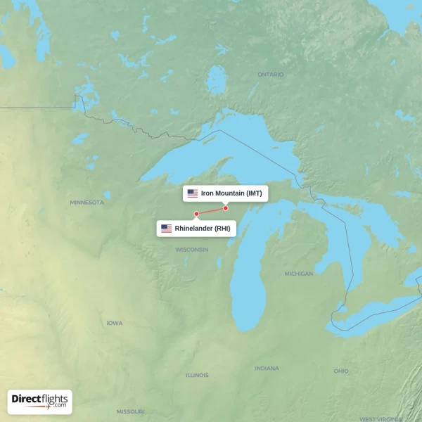 Rhinelander - Iron Mountain direct flight map