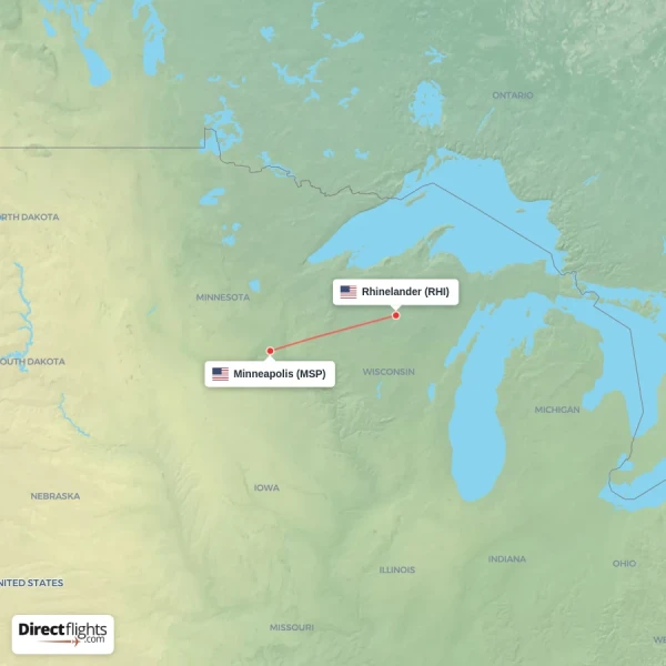Rhinelander - Minneapolis direct flight map