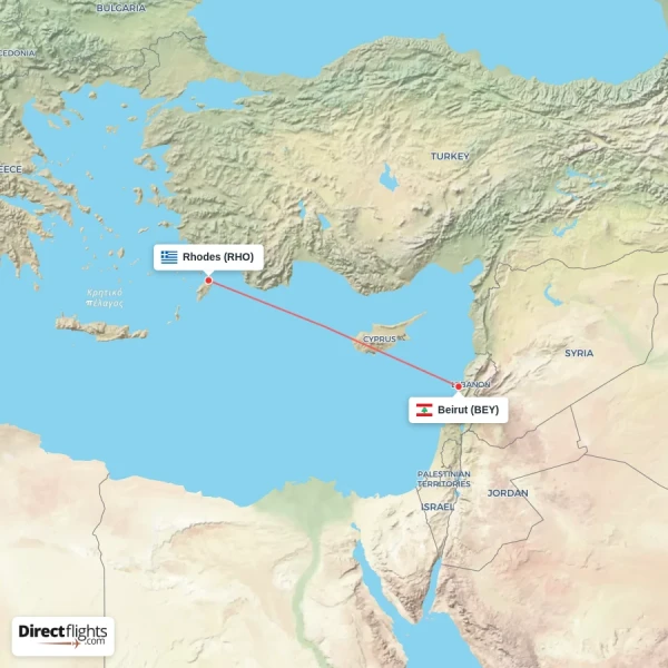 Rhodes - Beirut direct flight map