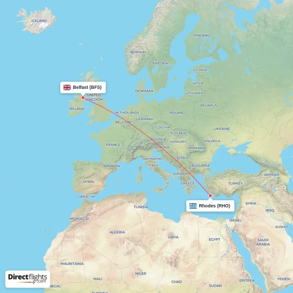 Rhodes - Belfast direct flight map