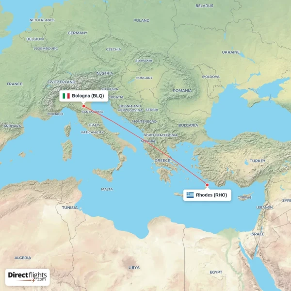 Rhodes - Bologna direct flight map