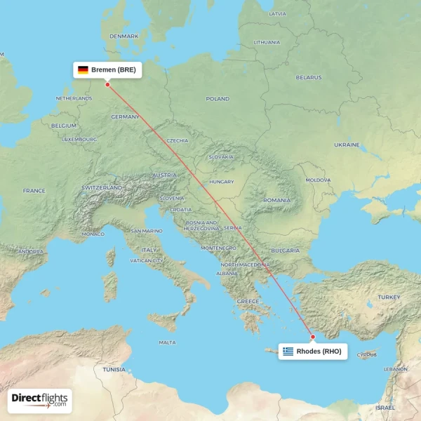Rhodes - Bremen direct flight map