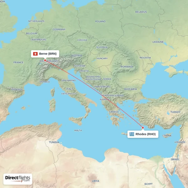 Rhodes - Berne direct flight map