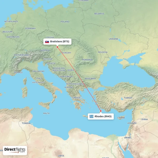 Rhodes - Bratislava direct flight map