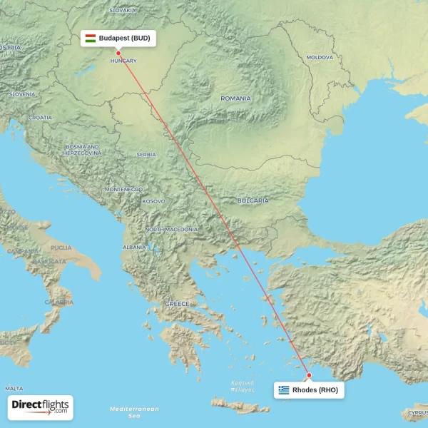 Rhodes - Budapest direct flight map
