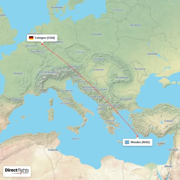 Rhodes - Cologne direct flight map