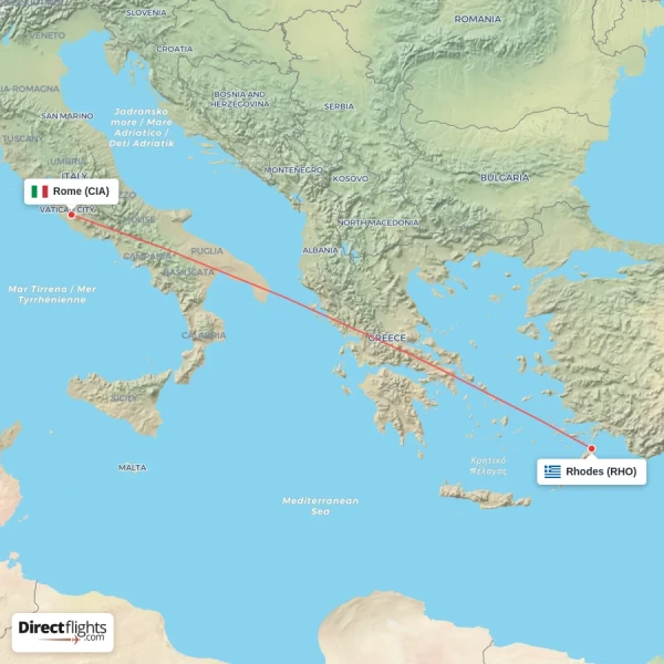 Rhodes - Rome direct flight map