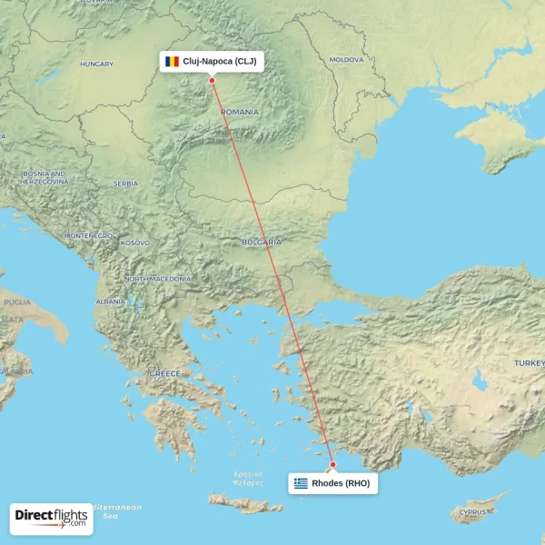 Rhodes - Cluj-Napoca direct flight map