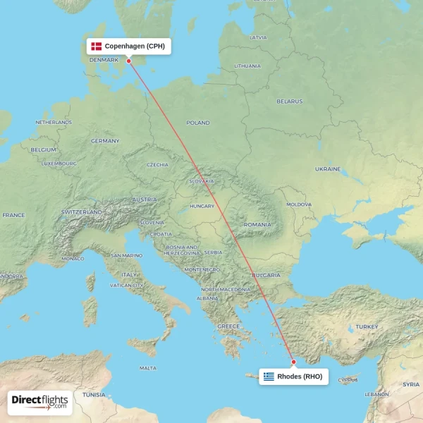Rhodes - Copenhagen direct flight map
