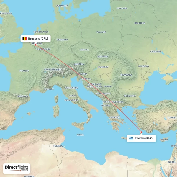 Rhodes - Brussels direct flight map